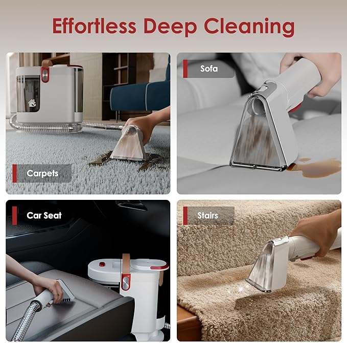 WURESE Portable Upholstery and Carpet Cleaner Machine, 15Kpa Spot Cleaner Deep Cleans Pet Stains, Couch Cleaner with 3 Tools and Self-Cleaning System for Area Rugs, Furniture, Stair, Car, Red