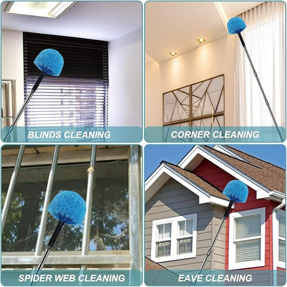 12 Ft Duster, Cobweb Duster with Extension Pole, Medium Stiff Bristles Cobweb Duster Head & 12-Feet Stainless Steel Pole Ceiling Fan Duster with Universal Joint for Outdoor Indoor Cleaning
