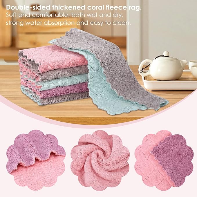 22 Pack Kitchen Dish Cloths, Reusable Dish Towels, Nonstick Oil Washable Fast Drying, Super Absorbent Coral Velvet Cleaning Cloths for Cleaning Tableware, Kitchen, Bathroom (Purple-grey10" x 6")