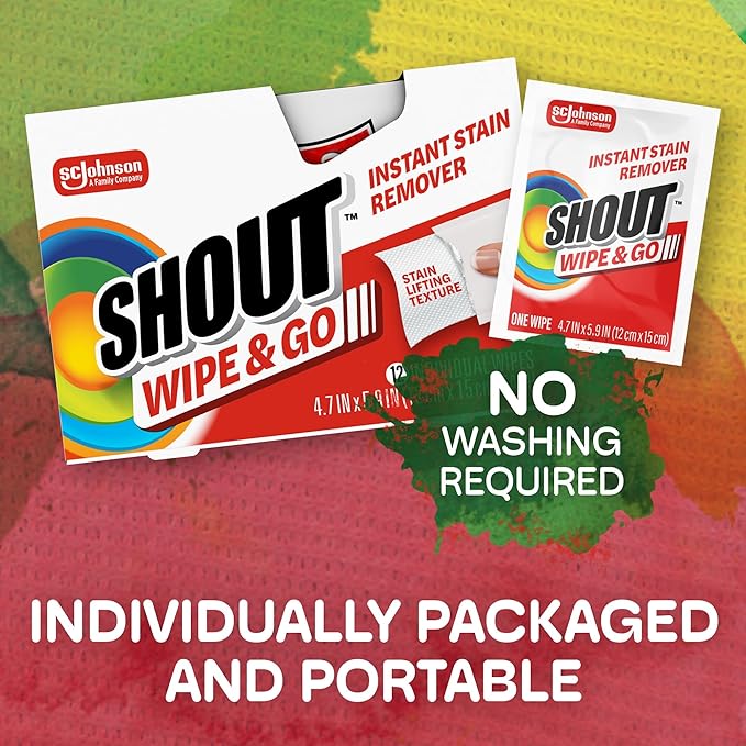 Shout Wipe & Go Instant Stain Remover Wipes, No Wash Required, Safe on Colorfast Washables, Travel & Baby Diaper Bag Essentials, Removes Grass, Coffee, Makeup & More, 12 Wipes (Pack of 1)