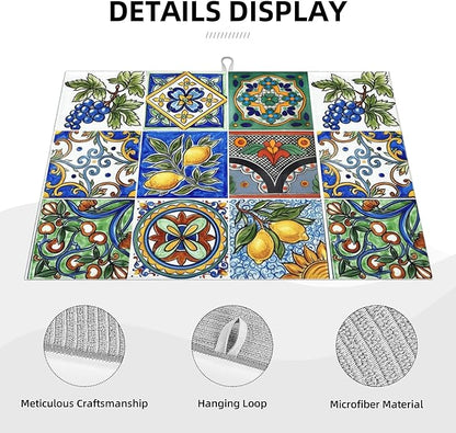 Talavera Mexican Tiles Dish Drying Mats for Kitchen Counter, Absorbent Reversible Microfiber Dish Drying Pad, Multi-Use Large Drying Mat Coffee Bar Accessories 18"x24"