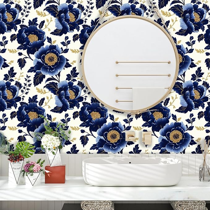 Fvlow Navy Floral Wallpaper Peel and Stick Dark Blue Large Flower Contact Wall Paper Waterproof Self-Adhesive Wall Covering for Bedroom Countertop Desk Cabinets Decor Renter Friendly 17.4" x 118"