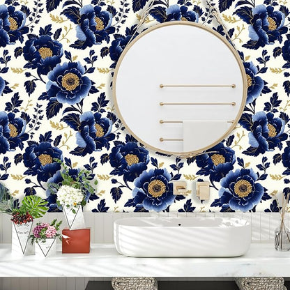 Fvlow Navy Floral Wallpaper Peel and Stick Dark Blue Large Flower Contact Wall Paper Waterproof Self-Adhesive Wall Covering for Bedroom Countertop Desk Cabinets Decor Renter Friendly 17.4" x 118"