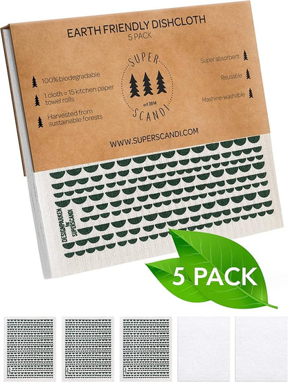 SUPERSCANDI 5 Pack Swedish Dishcloths for Kitchen - 100% Biodegradable & Compostable Reusable Paper Towels Washable, Food-Safe & Without Plastic - Dish Rags Suitable for Any Surface, Moon Green