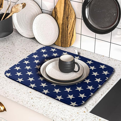 Patriotic July of 4th Blue Star Dish Drying Mat for Kitchen Counter 16x18 Memorial Independence Day Absorbent Reversible Microfiber Drying Mats Kitchen Countertop Protector Dishes Drainer Pad