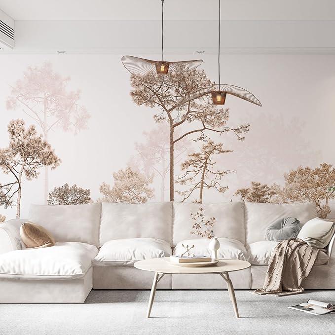 Zeeko Vintage Forest Beige Wall Murals Peel and Stick 144" W x 100" H Waterproof Canvas Self-Adhesive Removable Wallpaper Large Woodland Landscape Wall Art Decor for Bedroom Living Room