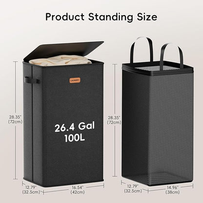 100L Laundry Hamper with Lid, Large Clothes Hampers with Removable Bag, Collapsible Laundry Basket for Bathroom, Bedroom, Laundry Room, Dorm, Black