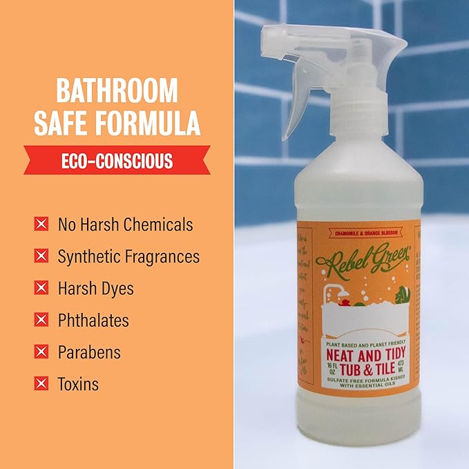 Rebel Green Neat and Tidy Tub & Tile Bathroom Cleaner Spray - Chamomile Orange Blossom Scent - Plant-Based Formula for Showers, Sinks, Tubs, Toilets, and Tile - 16 fl oz - 2 Pack