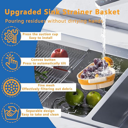 Kitchen Sink Strainer Basket, Suction Cup Press-to-attach Sink Filters, Upgraded Automatic Tipping Sink Filter Basket, Faucet Sponge Storage Shelf, Corner Sink Strainers (Yellow)