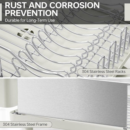 Stainless Steel Dish Drying Rack - Large Capcity 304 Grade Dish Drainer for Kitchen Counter with Drain Board, Utensil Holder & Detachable Cup Shelf, Rustproof Multifunctional Organizer, Light Green