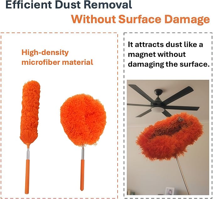 Fan Cleaner Duster (2-Pack) – Extendable Ceiling Fan Cleaner with Orange Microfiber Flexible Head, Long Handle Duster for Ceilings, Walls & Corners, No Ladder Needed