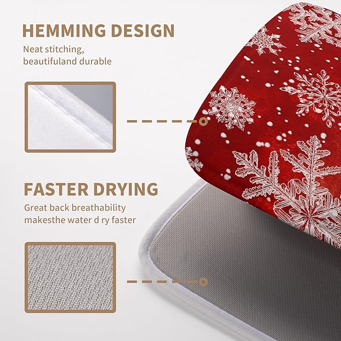 Christmas Dish Drying Mat for Kitchen Counter 18x24 Inch Red Snowflake Xmas Drying Pad Winter Holiday Dish Draining Mat Absorbent Microfiber Dish Drainer Rack Mat for Coffee Bar Kitchen
