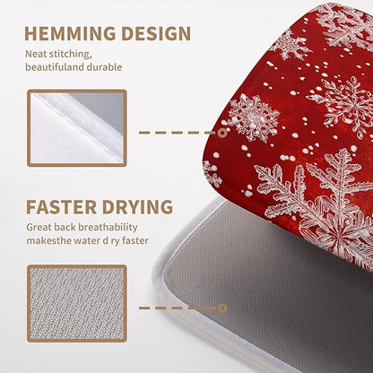 Christmas Dish Drying Mat for Kitchen Counter 18x24 Inch Red Snowflake Xmas Drying Pad Winter Holiday Dish Draining Mat Absorbent Microfiber Dish Drainer Rack Mat for Coffee Bar Kitchen