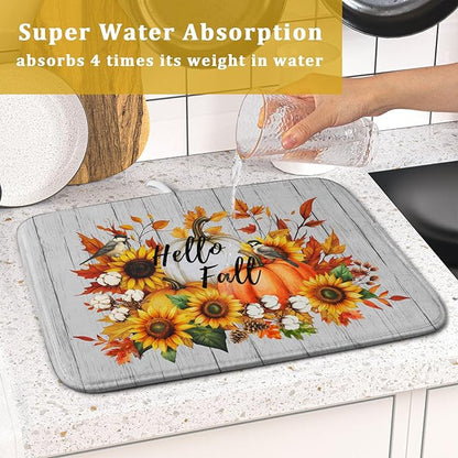Hello Fall Sunflowers Dish Drying Mat for Kitchen Counter,Autumn Pumpkin Maple Leaves Drying Mat 16 x 18 Inch with High Absorbent Microfiber Dish Drying Drainer Mat for Coffee Bar