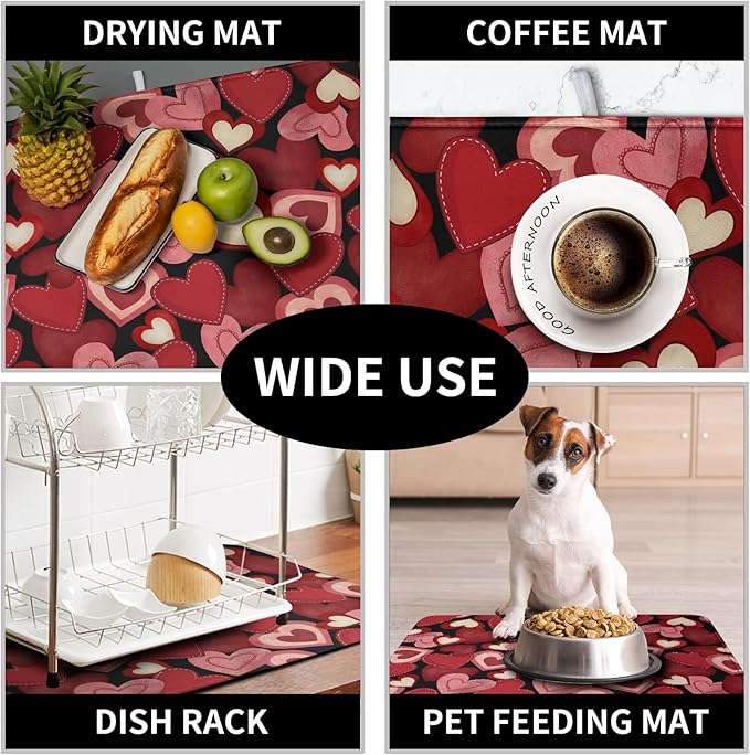 Valentine Dish Drying Mat for Kitchen Counter Red Black Love Heart Drying Pad Microfiber Absorbent Coffee Bar Mat Heat Resistant Countertop Protector Dishes Drainer Mat 16x18 Inch