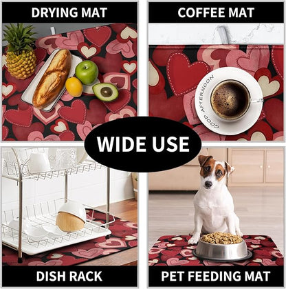 Valentine Dish Drying Mat for Kitchen Counter Red Black Love Heart Drying Pad Microfiber Absorbent Coffee Bar Mat Heat Resistant Countertop Protector Dishes Drainer Mat 16x18 Inch