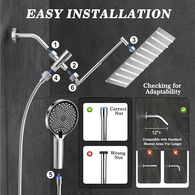 12 Inch Shower Head, Rain Shower Head with Adustable Extension Arm, Detachable Silver Rina Shower Head with Handheld Spray, High Pressure Shower Hose with Holder in Bathroom(Silver)