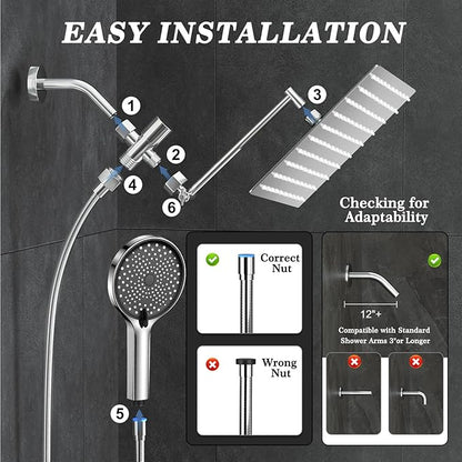 12 Inch Shower Head, Rain Shower Head with Adustable Extension Arm, Detachable Silver Rina Shower Head with Handheld Spray, High Pressure Shower Hose with Holder in Bathroom(Silver)