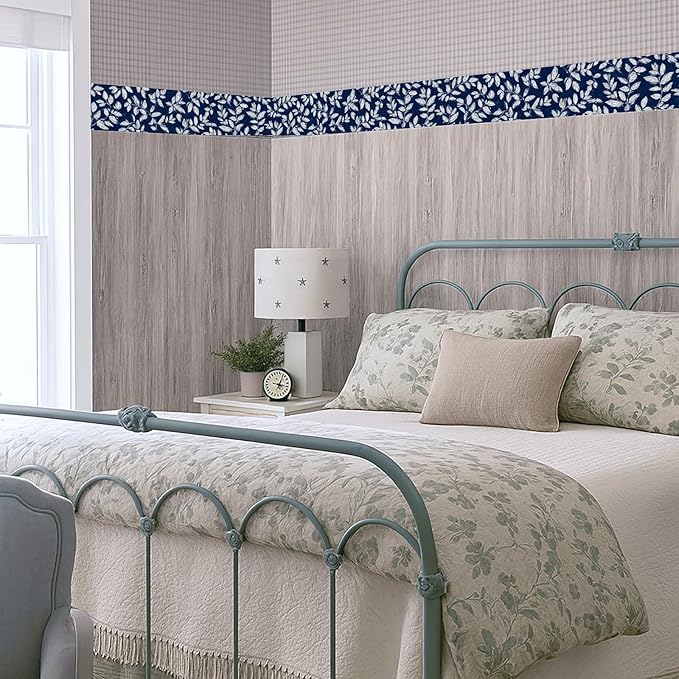 Blue Floral Wallpaper Border 196x4 Inch Peel and Stick Wall Border Elegant White Leaf Pattern Removable Vinyl Wall Trim for Kitchen Bathroom Bedroom Living Room Home Decor