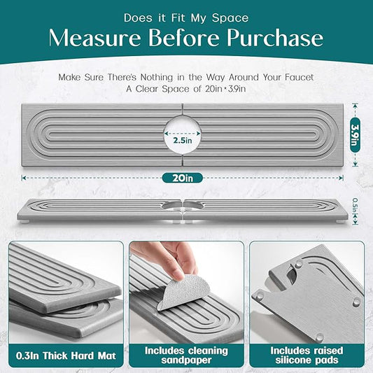 eormoe Faucet Mat for Kitchen Sink - Diatomaceous Earth Faucet Splash Guard, Fast Drying Sink Protector - Water Absorbing Stone for Bathroom Sink (Grey, 19.5'' x 3.9'')