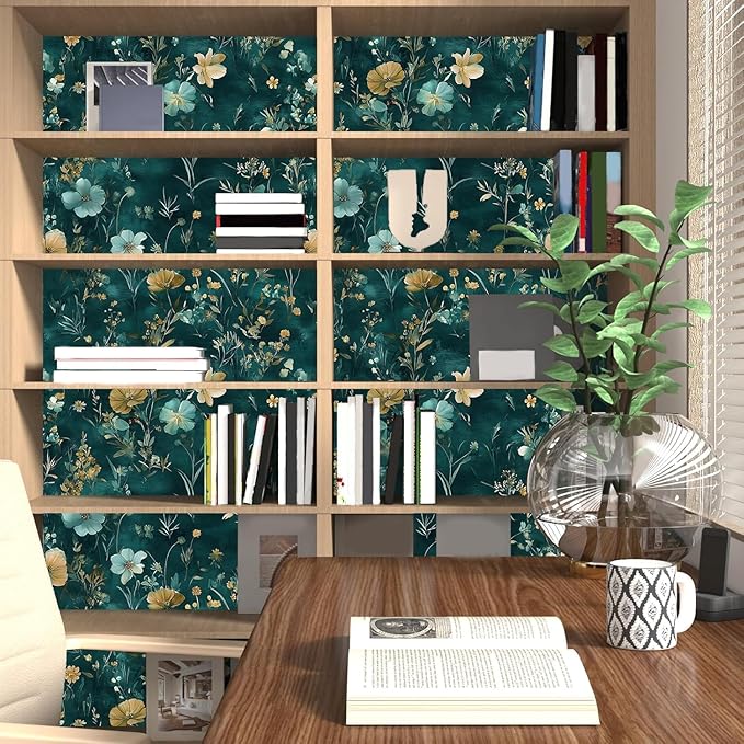 Vintage Floral Peel and Stick Wallpaper Boho Wallpaper 17.5''x393'' Teal/Blue/Yellow Wildflowers Vinyl Contact Paper Waterproof Self Adhesive Modern Stick on Wall Paper for Bedroom Wall Table Cabinet