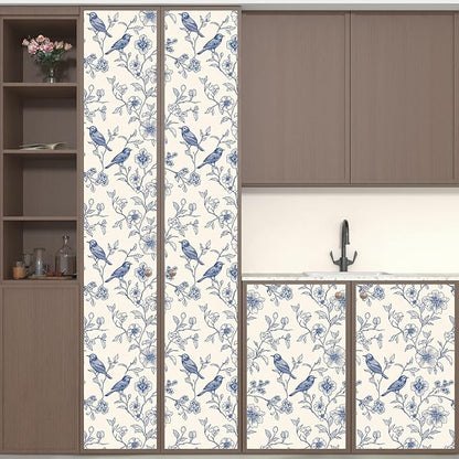Beige Wallpaper Peel and Stick Blue Floral Bird Vintage Contact Paper 17.5" x 118" Boho Animal Self Adhesive Waterproof Removable for Bathroom Shelves Cabinet Drawer Table Decor Renter Friendly