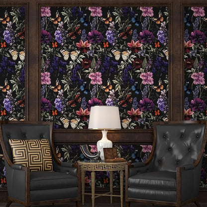 Vintage Floarl Butterfly Wallpaper Peelable, Dark Black Flower Design Self Adhesive Removable Wall Paper for Bedroom Cabinet Kitchen, Vinyl Gothic Contact Paper 17.5In x 118In Dark Colorful