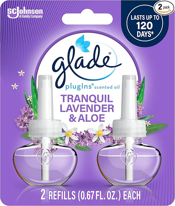Glade PlugIns Refills Air Freshener, Scented and Essential Oils for Home and Bathroom, Tranquil Lavender & Aloe, 1.34 Fl Oz, 2 Count
