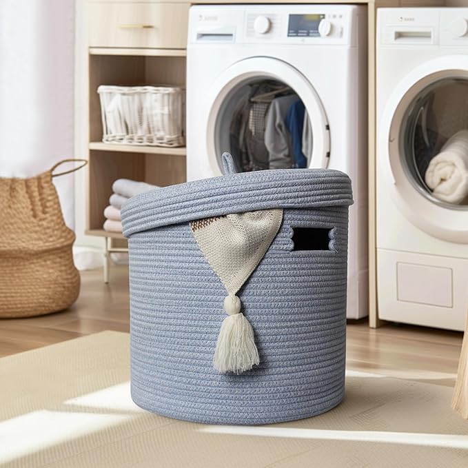 Storage Basket with Lid, Woven Blanket Storage for Living Room, Soft Cotton Rope Bin with Lid, Round Wicker Laundry Basket with Cover, Lidded Kid Dog Toy Box, Nursery Organizer, 15"x13", Blue
