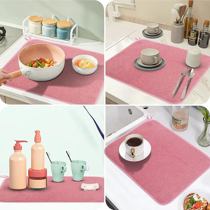 GeeRic Microfiber Dish Drying Mat, Super Absorbent Kitchen Dish Drying Pad for Mother's Day, Reversible Gift Mats for Countertop, 17.8 * 23.6 inch Pink
