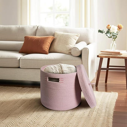 Storage Basket with Lid, Woven Blanket Storage for Living Room, Soft Cotton Rope Bin with Lid, Round Wicker Laundry Basket with Cover, Lidded Kid Dog Toy Box, Nursery Organizer, 15"x13", Pink