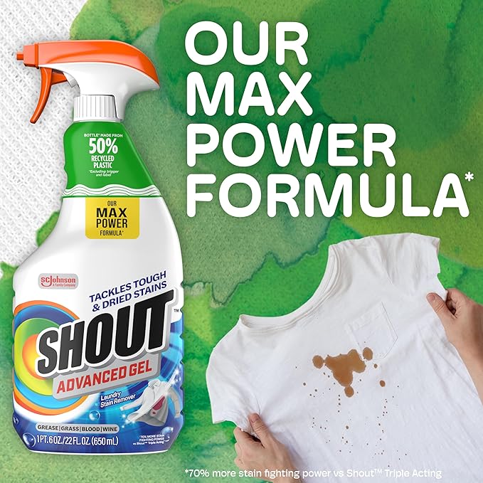 Shout Advanced Laundry Stain Remover Gel for Clothes Laundry, Breaks down stubborn, dried-in, and tough stains, 22oz Spray (Packaging May Vary)