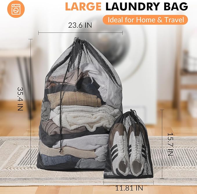 2 Pack Mesh Laundry Bags - Large & Small Heavy Duty Mesh Laundry Bag with Drawstring, Wash Bags for Travel, College, Dorms, Sports, Family, Black