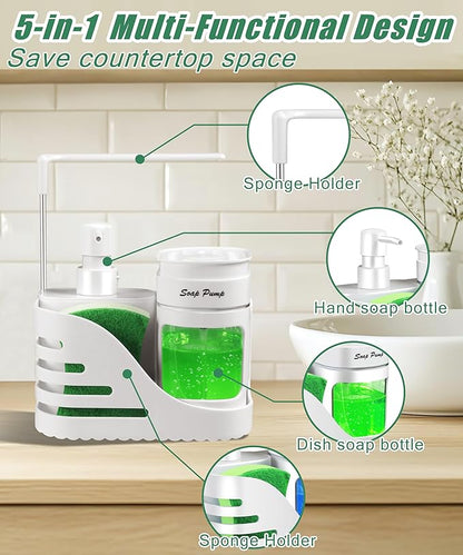 Kitchen Soap Dispenser Set, 4-in-1 Dual Hand and Dish Soap Dispenser with Sponge Holder and Dishcloth Holder for Kitchen Sink (White)