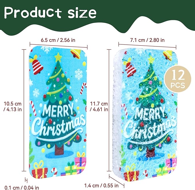 Christmas Theme Kitchen Sponge (12Pack) - Wood Pulp & Coconut Scrubber Sponges, High-Absorption Dishwashing Sponge with Festive Designs, Strong Cleaning for Dishes, Household Cleaning