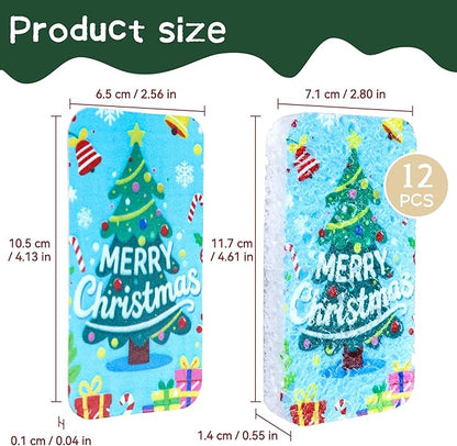 Christmas Theme Kitchen Sponge (12Pack) - Wood Pulp & Coconut Scrubber Sponges, High-Absorption Dishwashing Sponge with Festive Designs, Strong Cleaning for Dishes, Household Cleaning