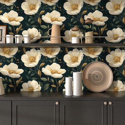 Fvlow Large Dark Floral Wallpaper Peel and Stick, White/Gold Flowers Contact Paper Waterproof Self-Adhesive Boho Wall Paper for Bedroom Countertop Desk Cabinets Decor 17.4" x 118" Renter Friendly