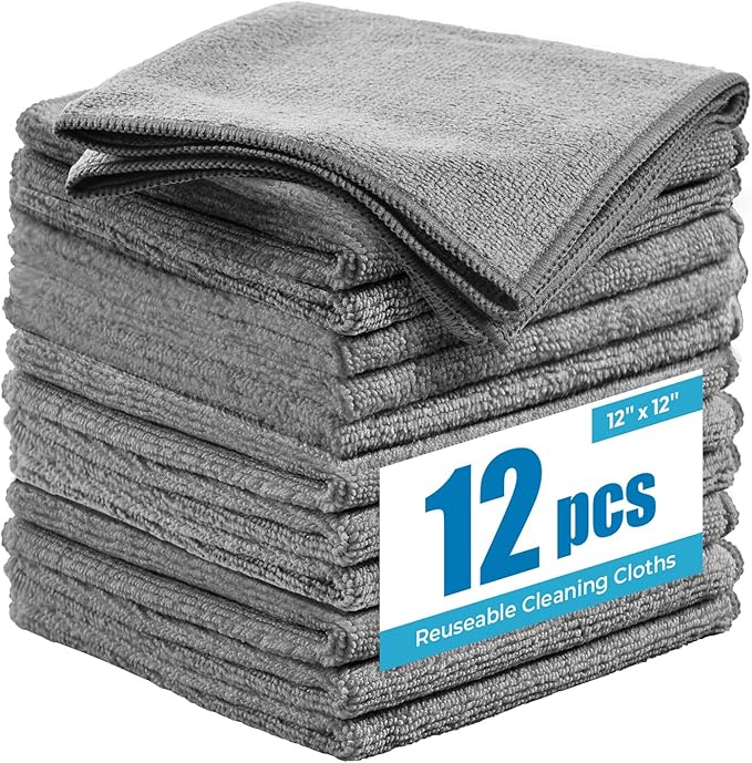 12 Pack Microfiber Cleaning Cloth, 12x12 Inch Professional Detailing Towels, Ultra Absorbent Lint Free Car Rags for Washing, Polishing, Buffing and Drying (Grey)