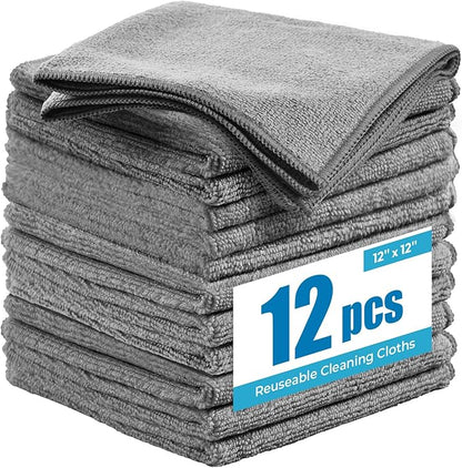 12 Pack Microfiber Cleaning Cloth, 12x12 Inch Professional Detailing Towels, Ultra Absorbent Lint Free Car Rags for Washing, Polishing, Buffing and Drying (Grey)