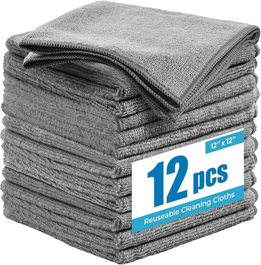 12 Pack Microfiber Cleaning Cloth, 12x12 Inch Professional Detailing Towels, Ultra Absorbent Lint Free Car Rags for Washing, Polishing, Buffing and Drying (Grey)