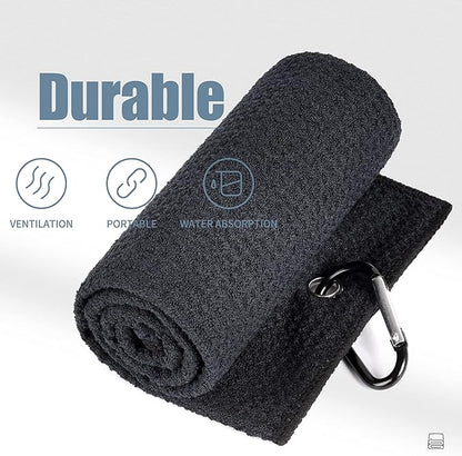 Mile High Life Tri-fold Golf Towel | 16" X 24" | Premium Microfiber Fabric | Waffle Pattern | with Heavy Duty Carabiner Clip | for Men and Women (Black & Gray)