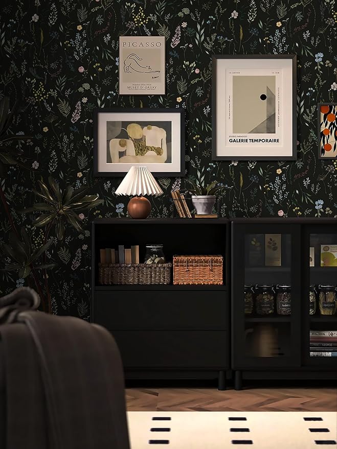 Dimoon 787"x16.1" Floral Peel and Stick Wallpaper Black Contact Paper Thicken Wallpaper Delicate Flower Waterproof Green Leaf White Self Adhesive Removable Wall Paper Shelf Liner Decal Vinyl Roll