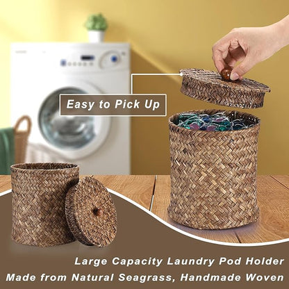 Sumnacon Wicker Laundry Pods Container with Lid, Natural Seagrass Pod Holder for Laundry Room Organization, Farmhouse Detergent Dispenser, Countertop Storage Basket Jars for Dryer Ball Laundry Sheets
