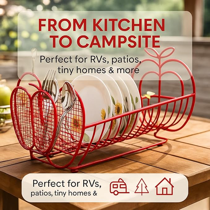 Jumbl Expandable Dish Drying Rack – Apple Decor Metal Dish Drainer with Utensil Holder, Adjustable 14"–27", Rust-Proof Countertop Dish Strainer for Kitchen Sink, RV, or Outdoor Use