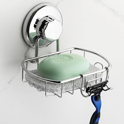 HASKO Suction Cup Soap Dish for Shower Wall, Rustproof Stainless Steel Shower Soap Holder for Bathroom with Hooks and Soap Saver, Includes Optional No Drill Adhesive Mount, Silver