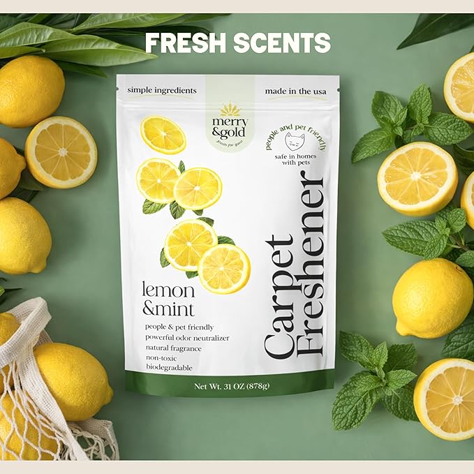 Merry & Gold Carpet Freshener & Deodorizer Powder - 31oz | Pet Odor Eliminator for Strong Odors| Lemon + Mint | Safe for Homes with Pets | Made in USA | Natural Ingredients (Lemon & Mint)