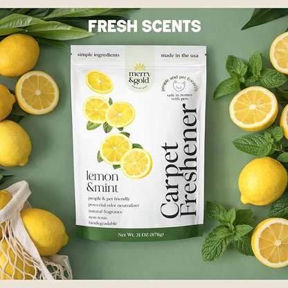 Merry & Gold Carpet Freshener & Deodorizer Powder - 31oz | Pet Odor Eliminator for Strong Odors| Lemon + Mint | Safe for Homes with Pets | Made in USA | Natural Ingredients (Lemon & Mint)