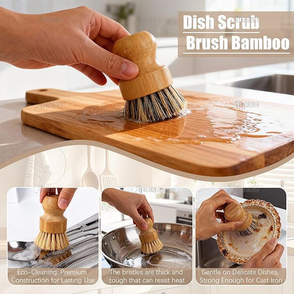 AUEAR, Natural Bamboo Dish Scrub Brush Cleaning Pot Scrubber Brushes Coconut Bristles for Cast Iron Skillet Pots Pans (2 Pack, 2 Colors)