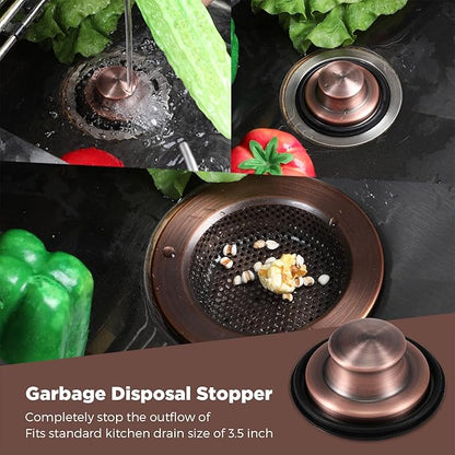Mudder 3 Pcs Kitchen Sink Drain Strainer and Stopper Stainless Steel Garbage Disposal Plug with Handle Universal Anti-Clogging Kitchen Sink Filter Sieve Basket Strainer(Antique Copper)