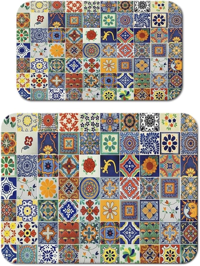 Dish Drying Mat for Kitchen Counter 2 Pack with Non-Slip Rubber Backing - Heat-Resistant Absorbent Coffee Bar Mat, Dish Rack Mat, Talavera Mexican Tiles Dish Drying Mats 18x24+19.5x12 inch
